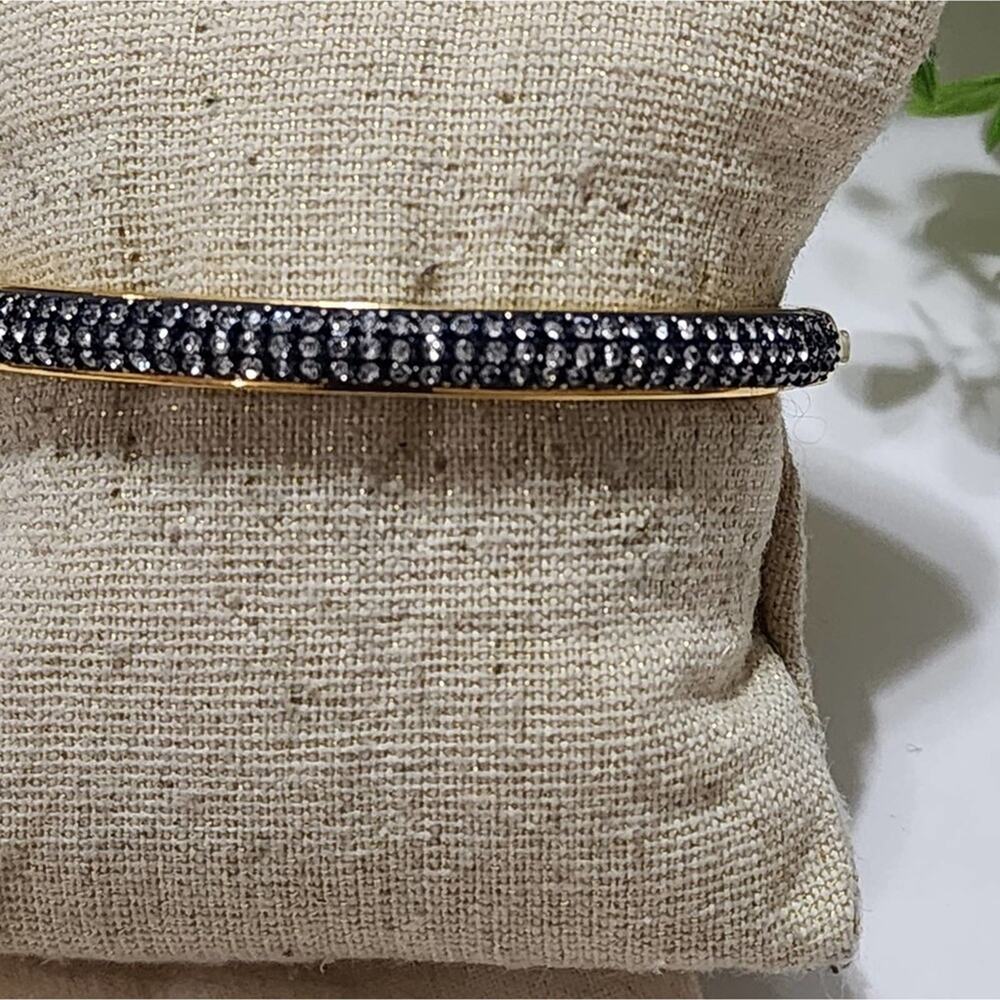 J. Crew Gold Tone Pave Crystal Hinge Bangle Bracelet Black Sparkle with Dust Bag - Picture 3 of 7